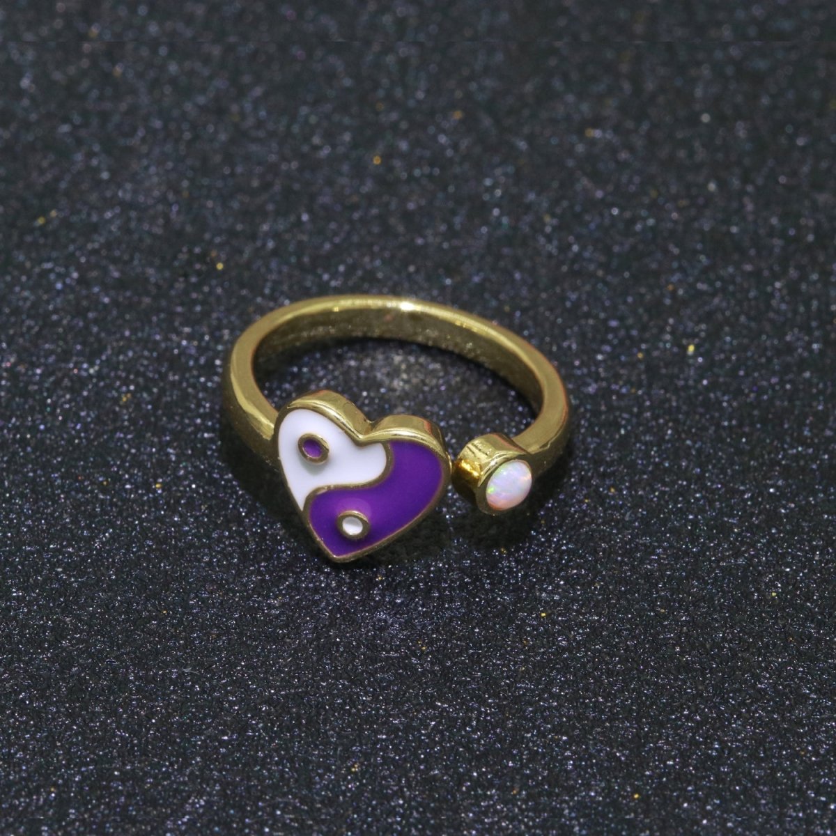 Dainty Yin Yang Ring, Open Adjustable Heart Gold Ring, Colorful Neon Enamel Ring, Stackable Ring Black White Pink blue Green Ring for Women S-067~S-075 - DLUXCA