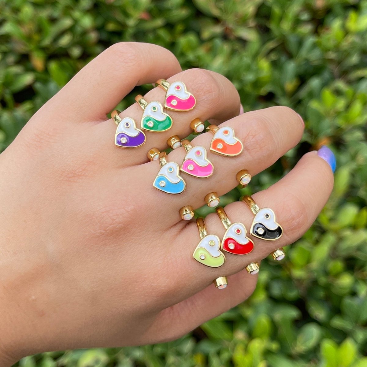 Dainty Yin Yang Ring, Open Adjustable Heart Gold Ring, Colorful Neon Enamel Ring, Stackable Ring Black White Pink blue Green Ring for Women S-067~S-075 - DLUXCA