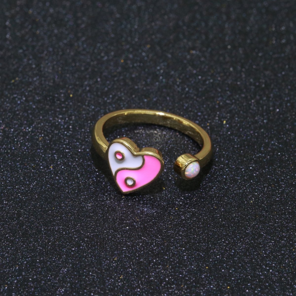 Dainty Yin Yang Ring, Open Adjustable Heart Gold Ring, Colorful Neon Enamel Ring, Stackable Ring Black White Pink blue Green Ring for Women S-067~S-075 - DLUXCA