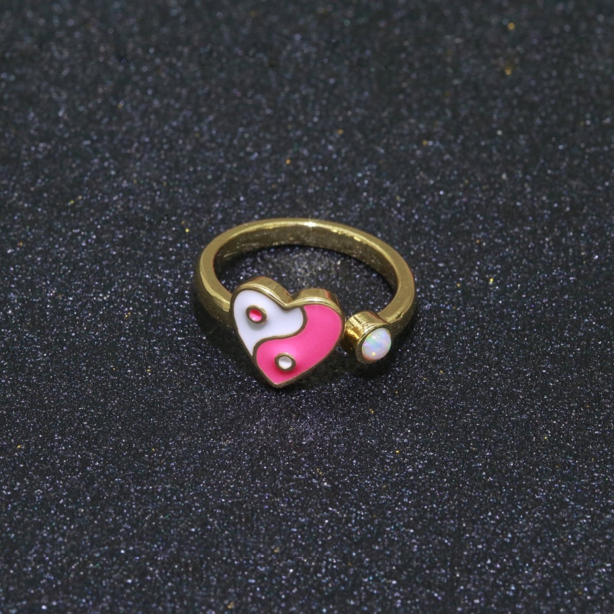 Dainty Yin Yang Ring, Open Adjustable Heart Gold Ring, Colorful Neon Enamel Ring, Stackable Ring Black White Pink blue Green Ring for Women S-067~S-075 - DLUXCA