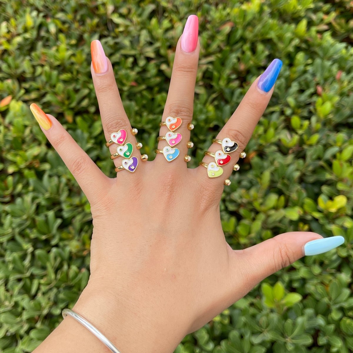 Dainty Yin Yang Ring, Open Adjustable Heart Gold Ring, Colorful Neon Enamel Ring, Stackable Ring Black White Pink blue Green Ring for Women S-067~S-075 - DLUXCA