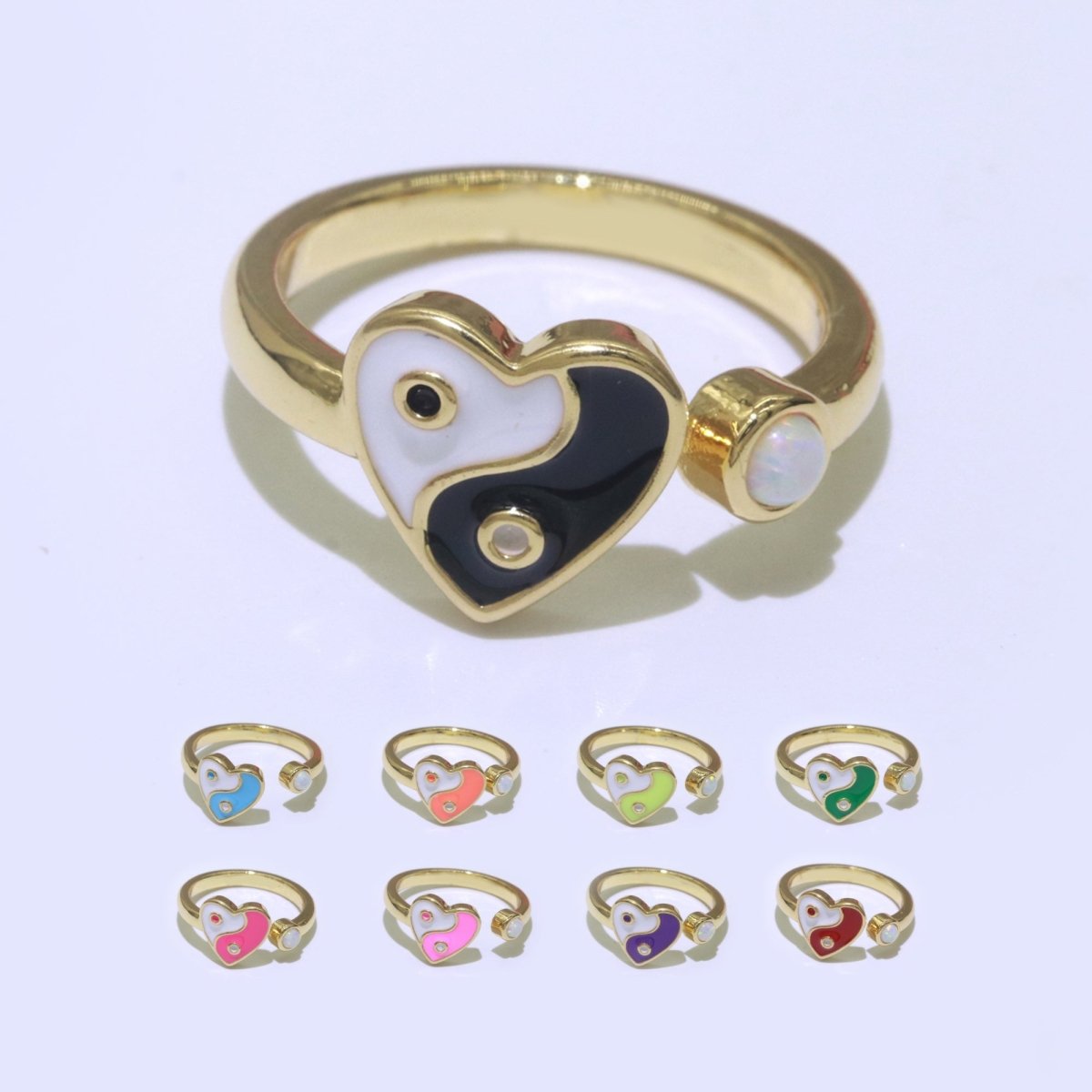 Dainty Yin Yang Ring, Open Adjustable Heart Gold Ring, Colorful Neon Enamel Ring, Stackable Ring Black White Pink blue Green Ring for Women S-067~S-075 - DLUXCA