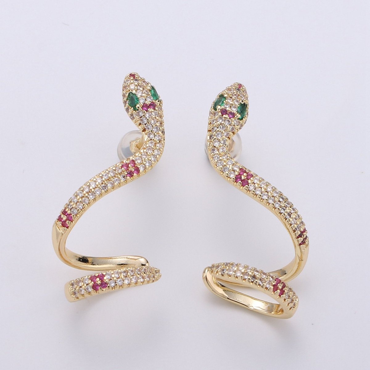 Dangle Snake Earrings, Gold Snake Earrings, Snake Stud Earrings, Snake Drop Earrings, Gold Snake Stud Micro Pave CZ Serpent Stud Earring Q-088 - DLUXCA