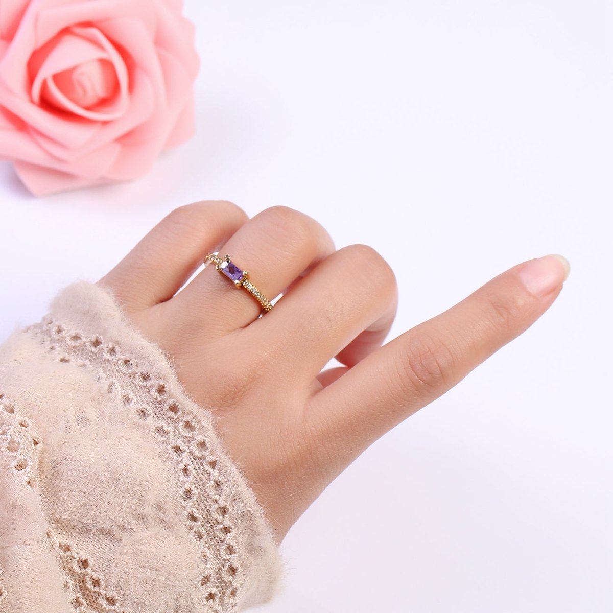 DEL-24K Gold Filled Dainty Emerald Green, Blue, Purple Baguette Crystal Zirconia CZ Adjustable Band Ring U-300~U-302 - DLUXCA