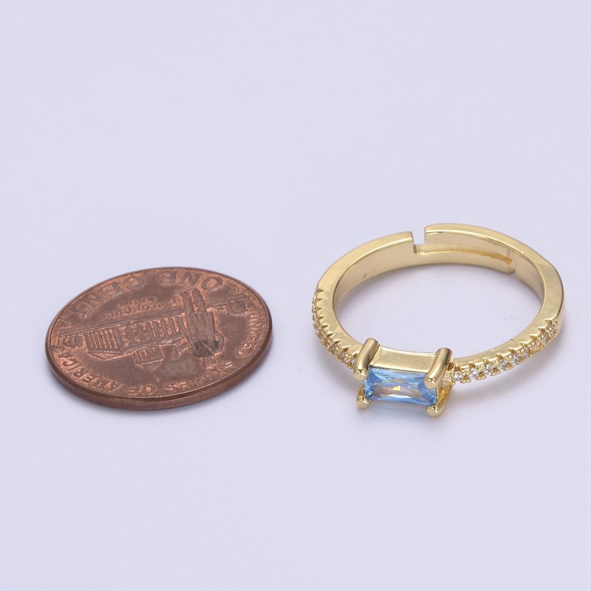 DEL-24K Gold Filled Dainty Emerald Green, Blue, Purple Baguette Crystal Zirconia CZ Adjustable Band Ring U-300~U-302 - DLUXCA