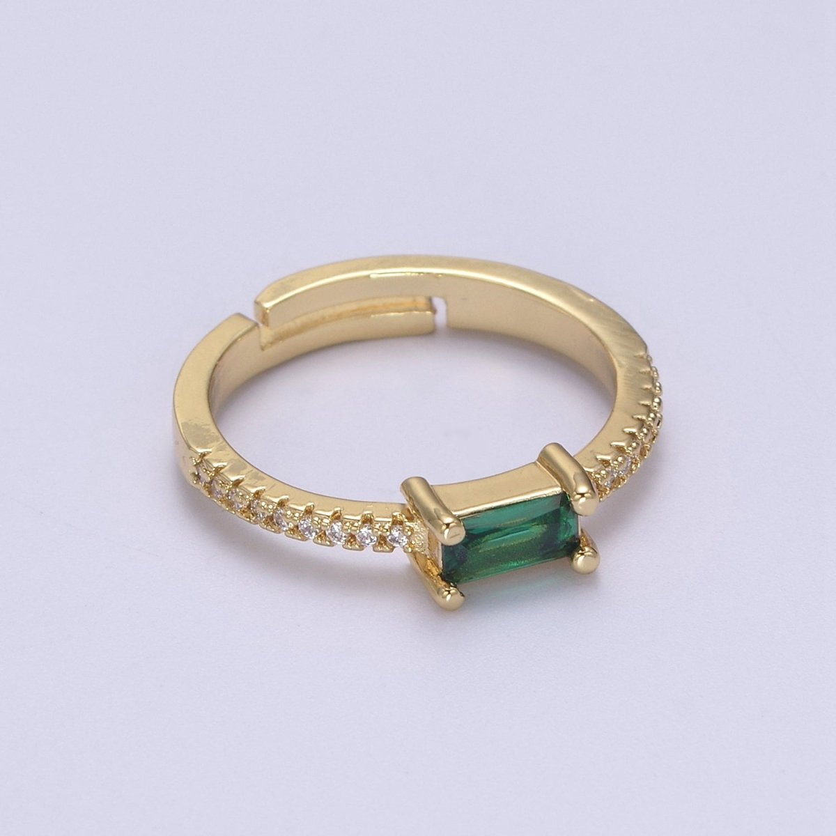 DEL-24K Gold Filled Dainty Emerald Green, Blue, Purple Baguette Crystal Zirconia CZ Adjustable Band Ring U-300~U-302 - DLUXCA