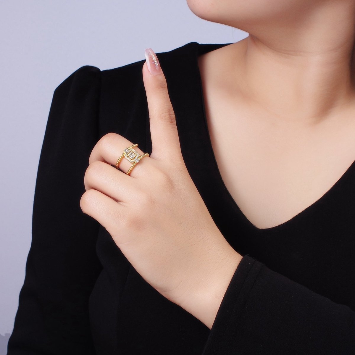 DLUXCA 14K Gold Filled CZ Baguette Micro Paved Beaded Bubble Double Band Ring | O1318 - DLUXCA