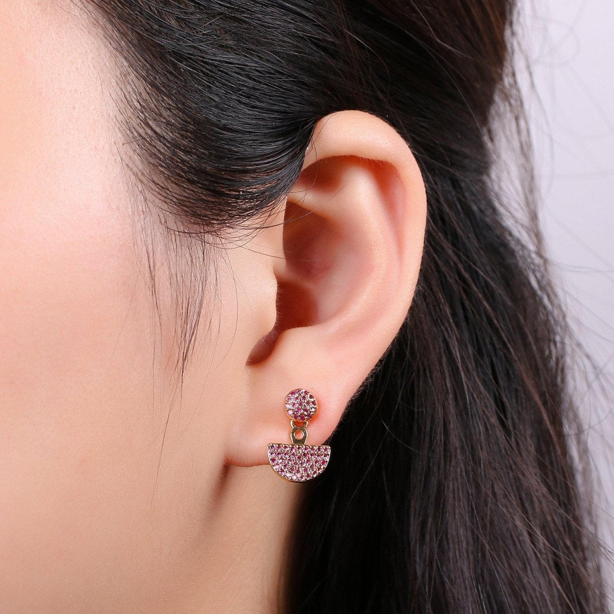 Dot and Fan Earrings, Gold Stud Earring 24K Gold Filled Post Earrings, Colorful Micro Pave Gold Dot and Fan Earrings, Tiny Gold StudS Q-268 - Q-270 - DLUXCA