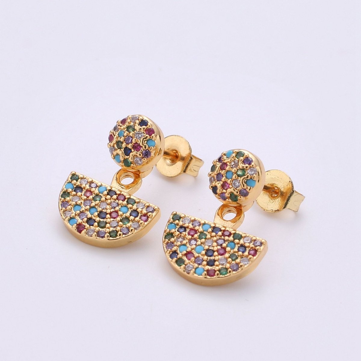 Dot and Fan Earrings, Gold Stud Earring 24K Gold Filled Post Earrings, Colorful Micro Pave Gold Dot and Fan Earrings, Tiny Gold StudS Q-268 - Q-270 - DLUXCA