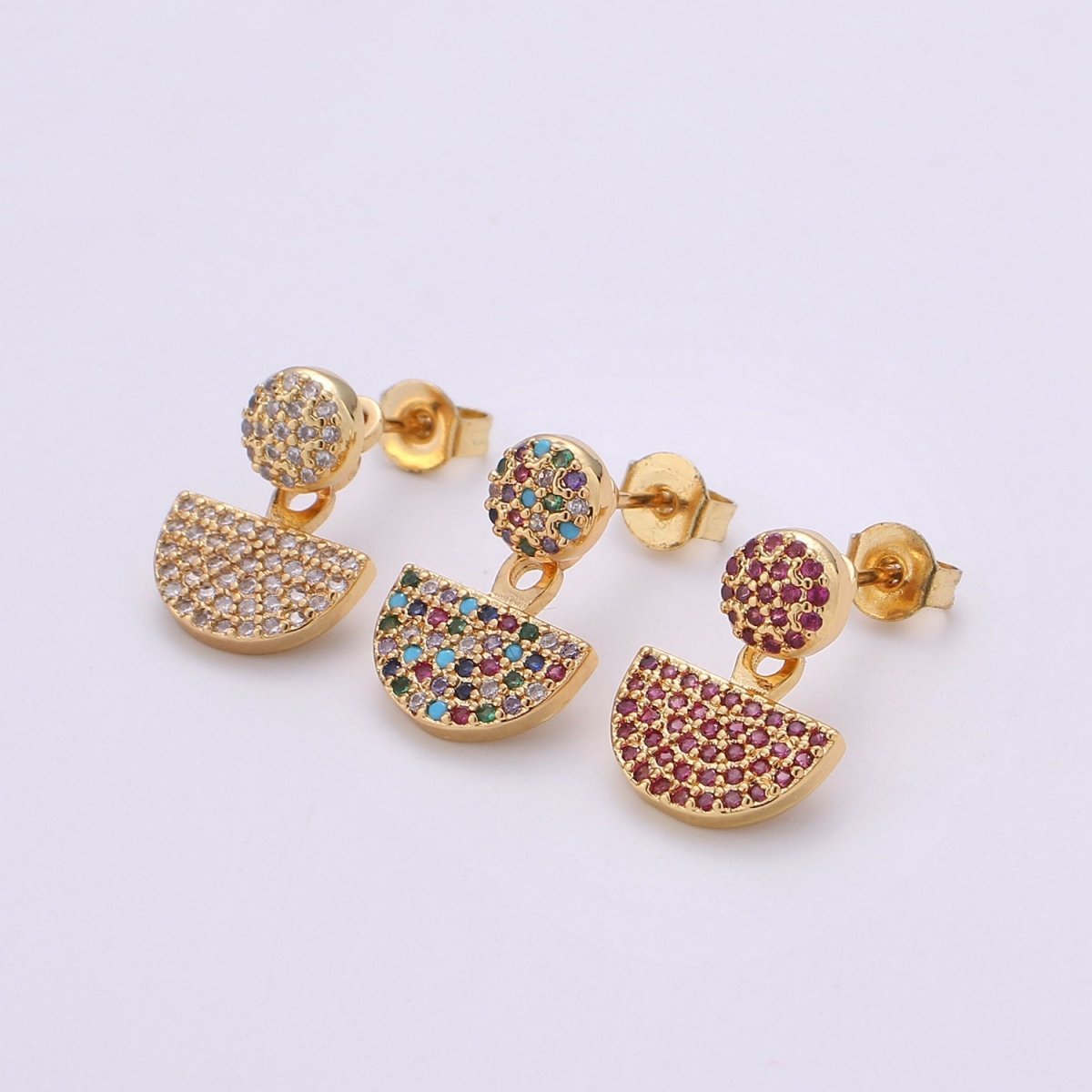 Dot and Fan Earrings, Gold Stud Earring 24K Gold Filled Post Earrings, Colorful Micro Pave Gold Dot and Fan Earrings, Tiny Gold StudS Q-268 - Q-270 - DLUXCA