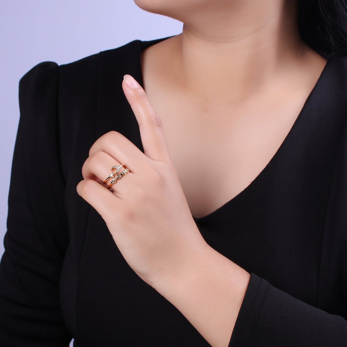 Double Band Crescent Moon Star Ring for Stackable Jewelry Open Adjustable Ring U-211 - DLUXCA