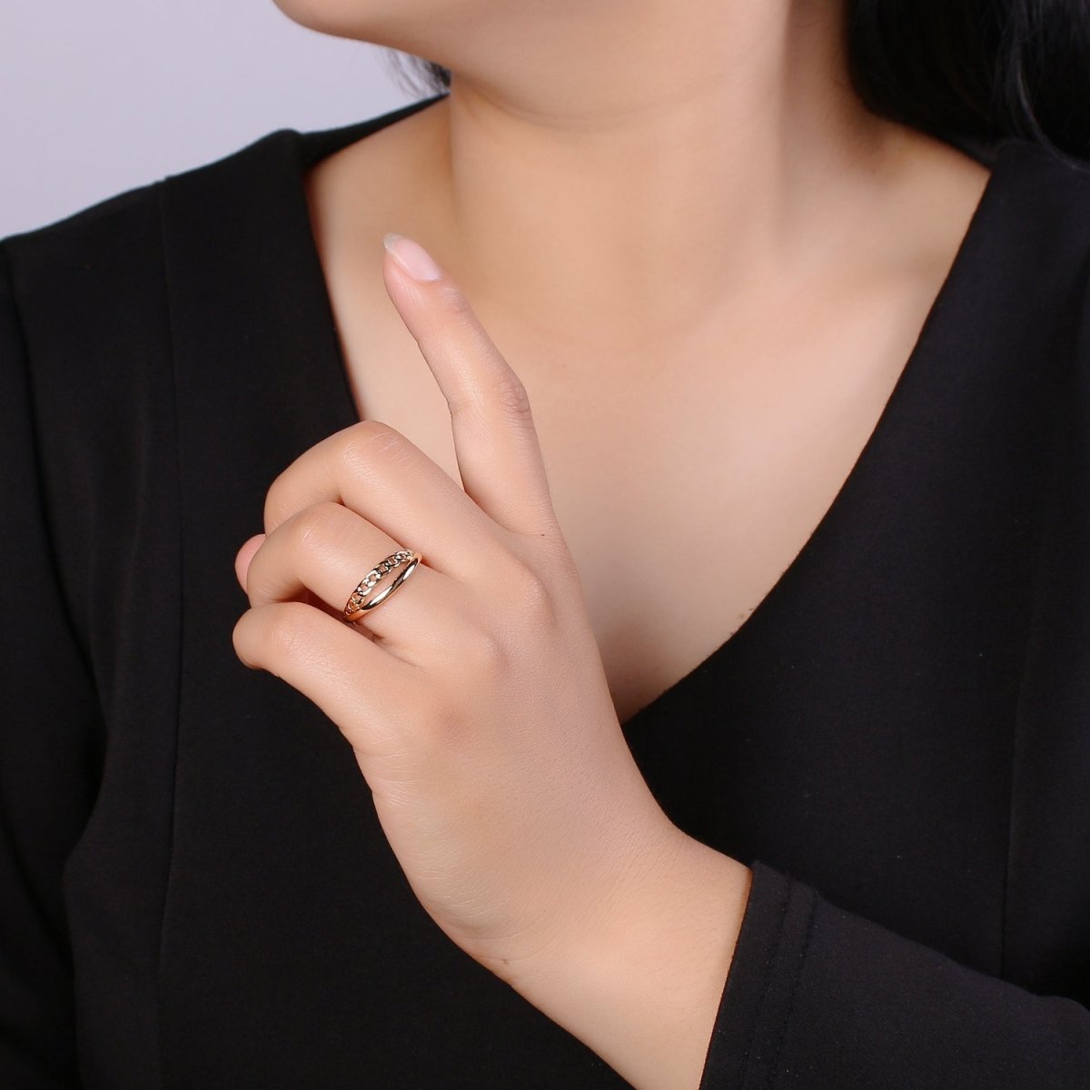 Double Band Cuban Chain Sphere, Statement Ring, Gold Plated Ring, Open Band Ring, Perfect Gift For Her O-338 - DLUXCA