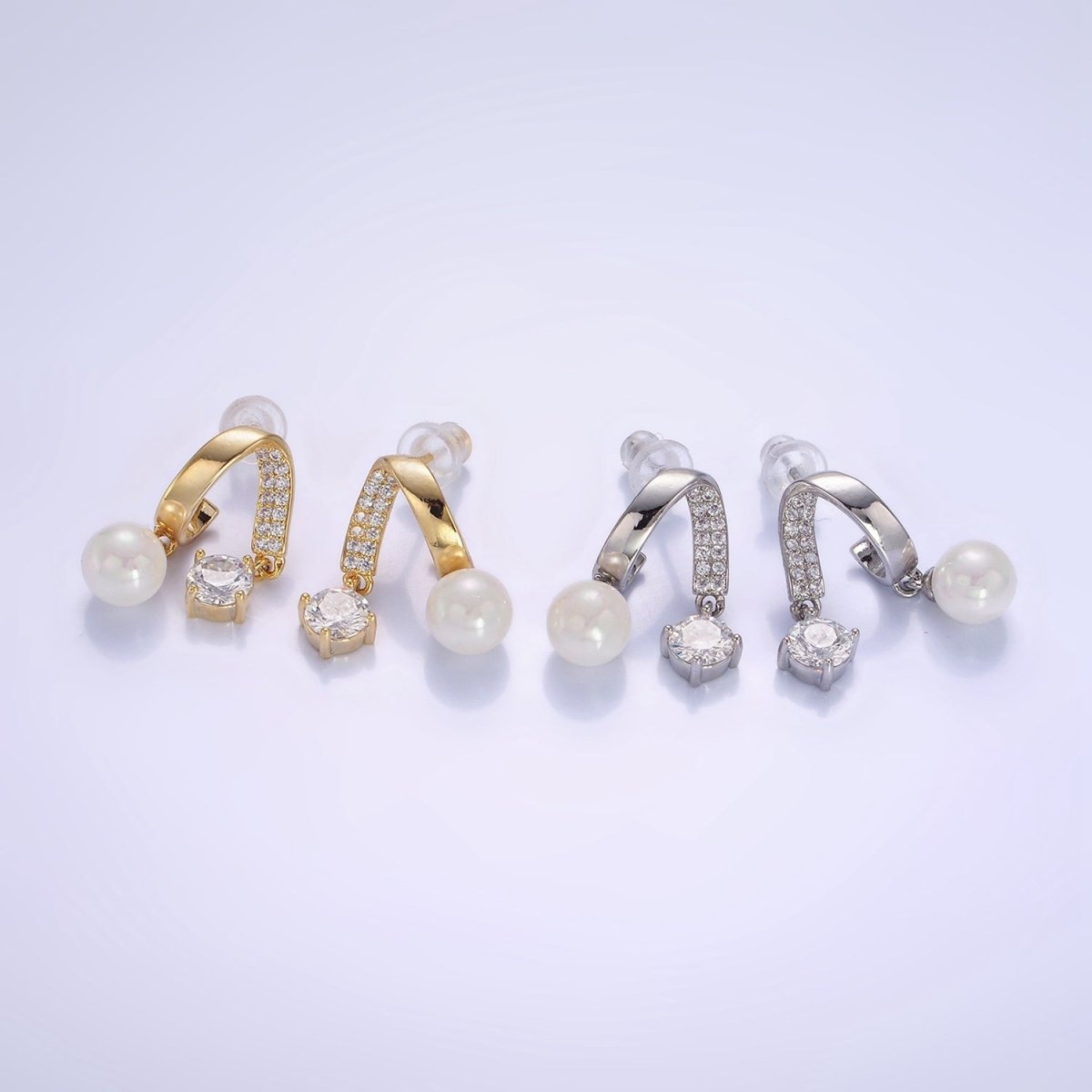 Double Band Micro Paved CZ Pearl Drop Stud Earrings in Gold & Silver | AE488 AE489 - DLUXCA
