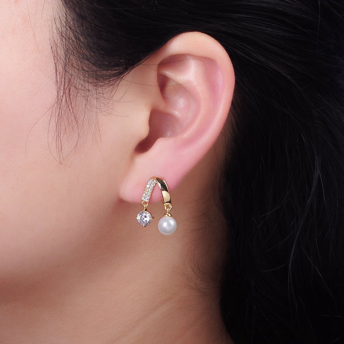 Double Band Micro Paved CZ Pearl Drop Stud Earrings in Gold & Silver | AE488 AE489 - DLUXCA