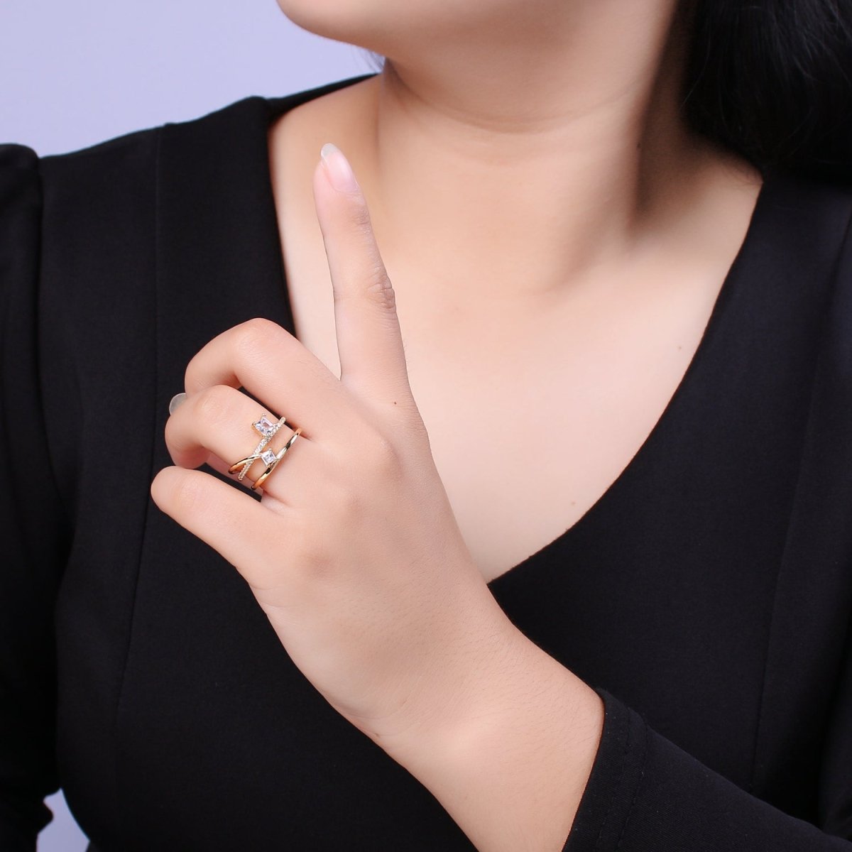 Double Band Ring 18K Gold Filled Micro Pave Ring Open adjustable Jewelry U-027 - DLUXCA