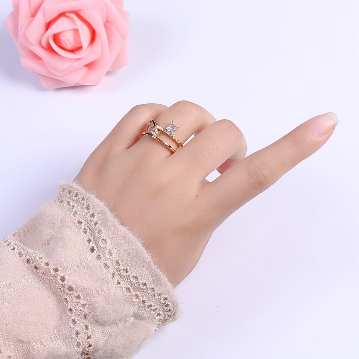 Double Band Ring 18K Gold Filled Micro Pave Ring Open adjustable Jewelry U-027 - DLUXCA