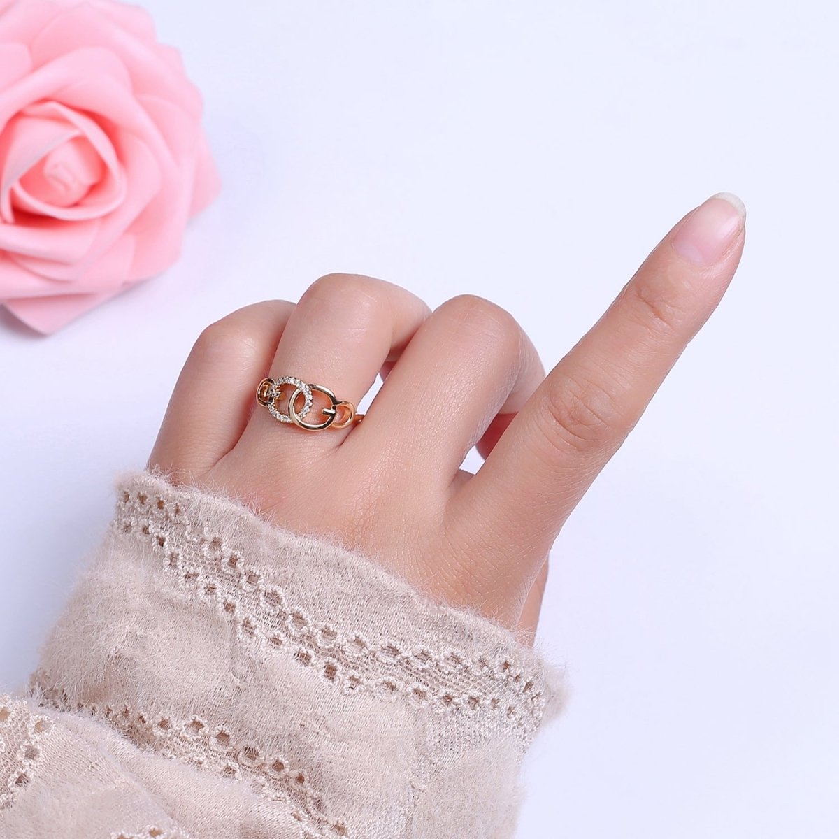 Double Circle Ring Cz Round Link Chain Dainty Open Adjustable Ring S-507 - DLUXCA