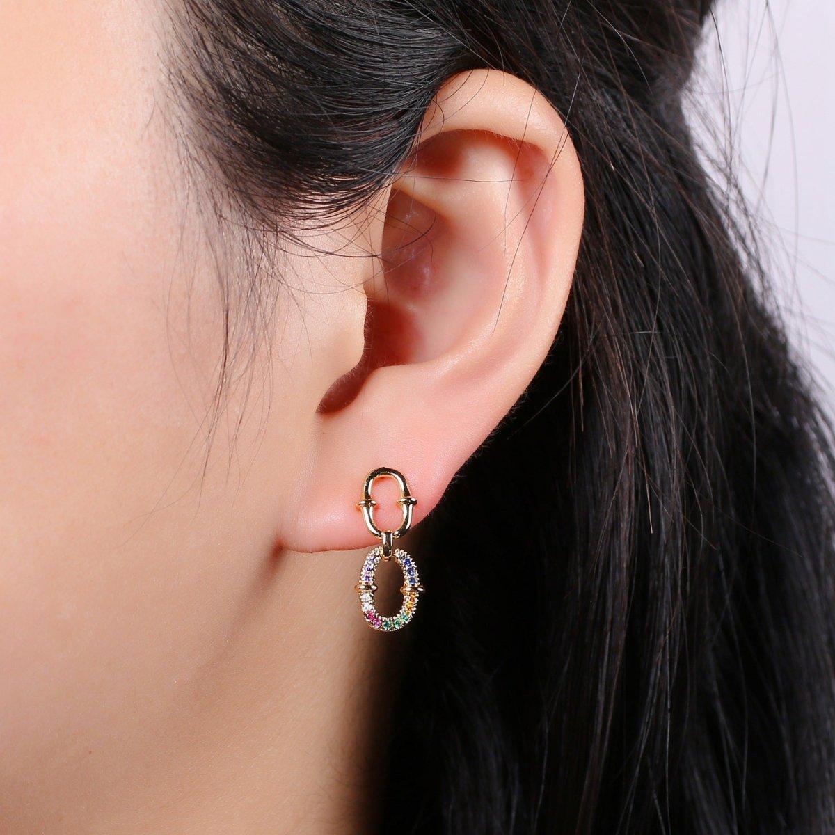 Double Eternity Design 24K Gold Multi Color Pave Cz Stud Earring, Simplicity Rolo Metro Design Earring, , Q-540 - DLUXCA