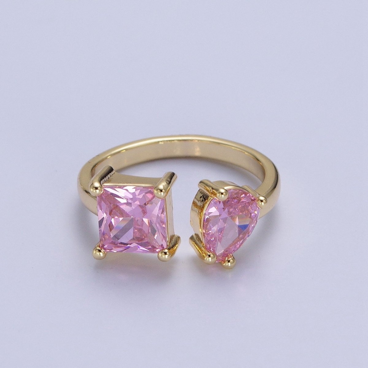 Double Pink/Clear Cubic Zirconia Baguette Square & Teardrop Gold Open Ring | R-042 R-098 - DLUXCA