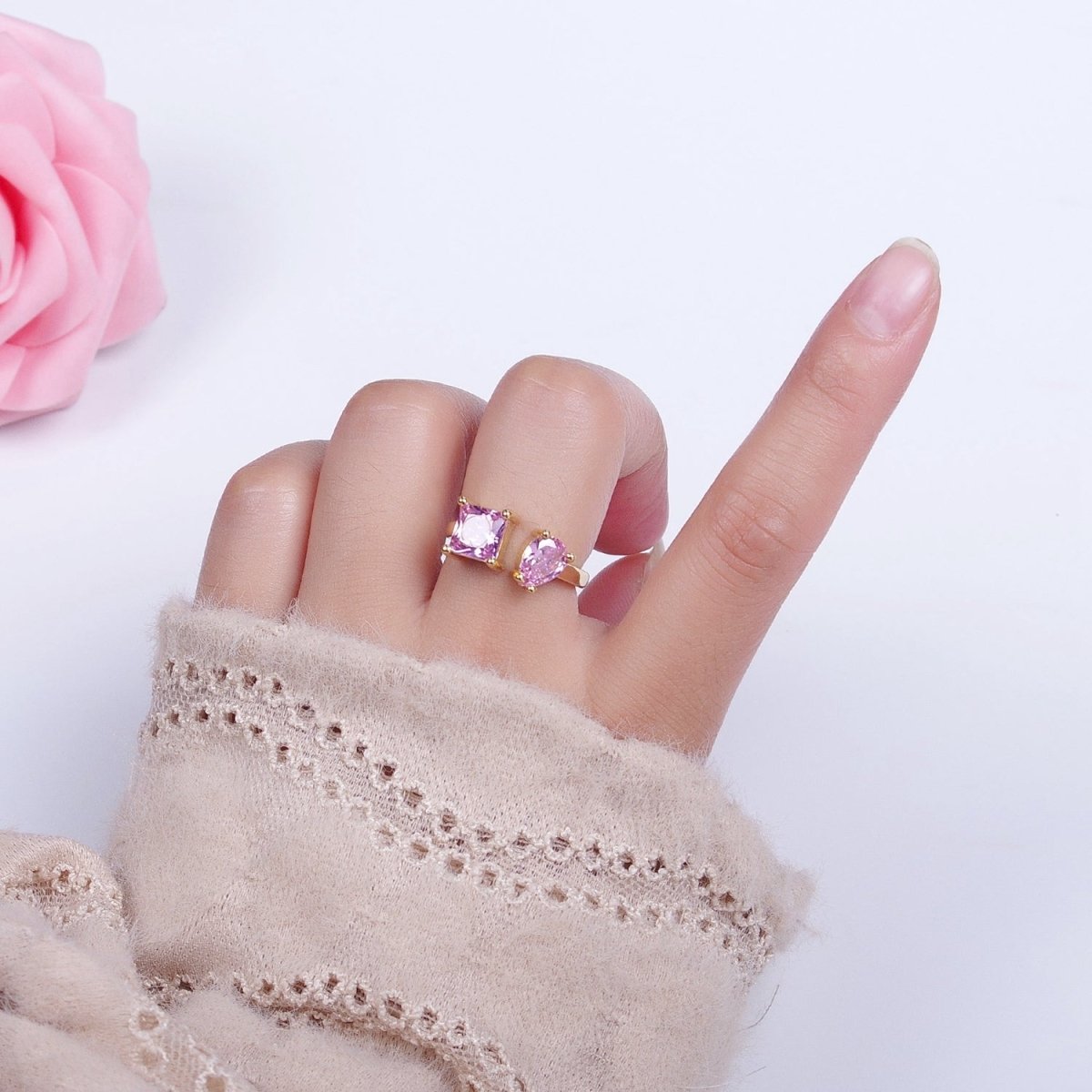 Double Pink/Clear Cubic Zirconia Baguette Square & Teardrop Gold Open Ring | R-042 R-098 - DLUXCA