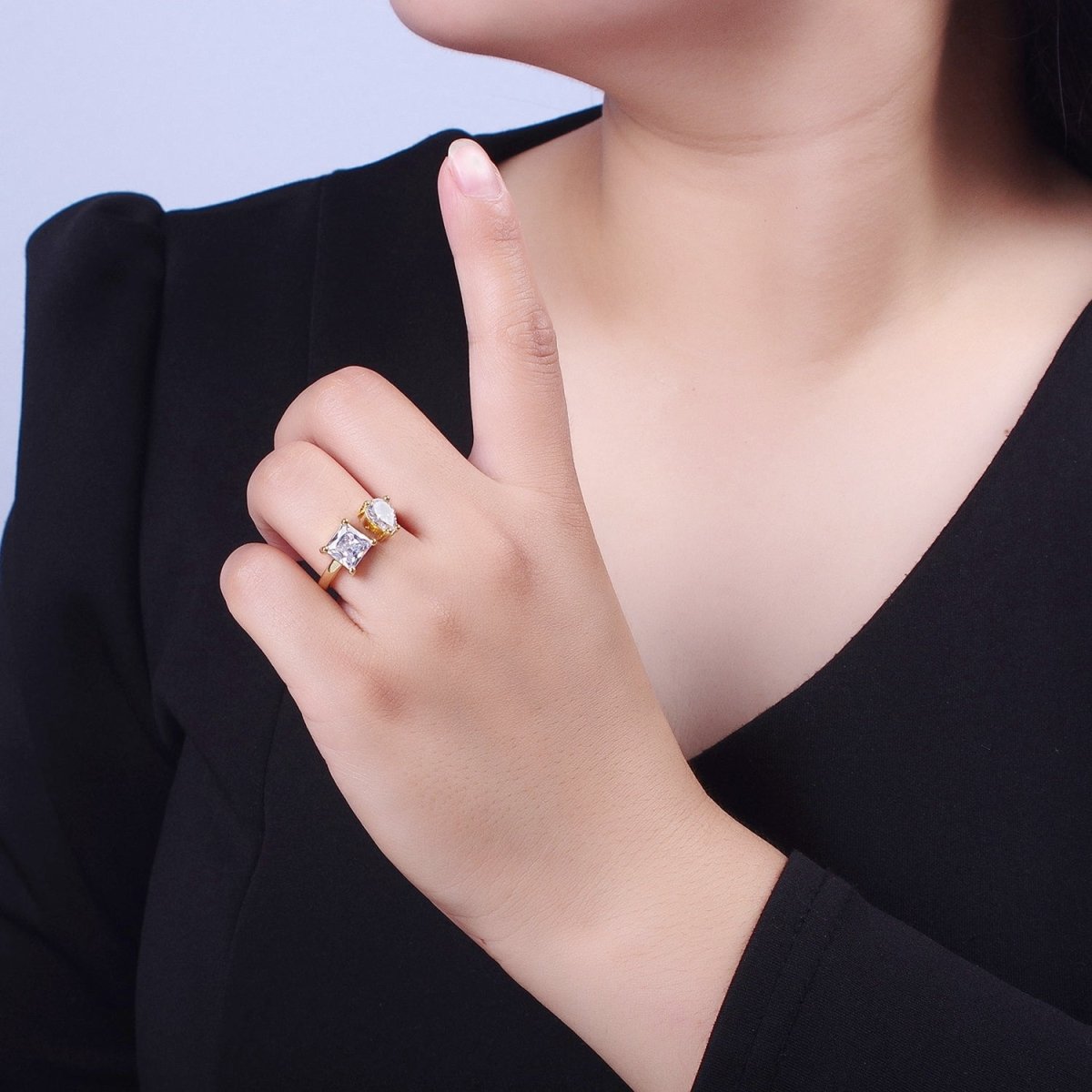 Double Pink/Clear Cubic Zirconia Baguette Square & Teardrop Gold Open Ring | R-042 R-098 - DLUXCA