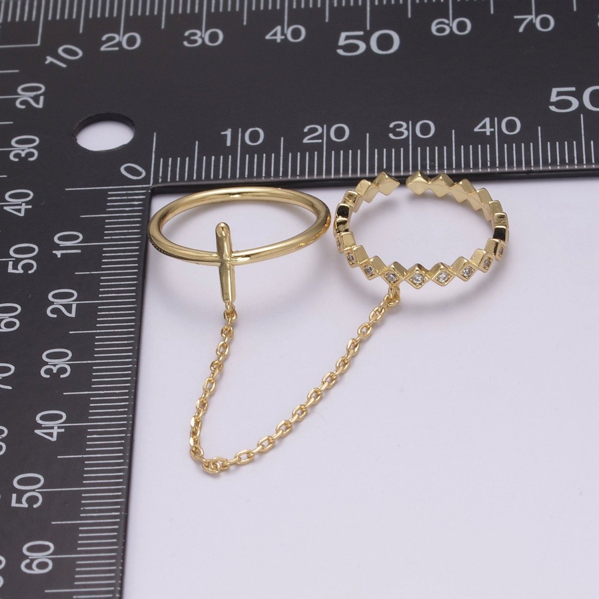 Double ring with chain, Adjustable ring, Stacking ring, Gold chain ring, Fashion ring, Minimalist Jewelry U-191 - DLUXCA