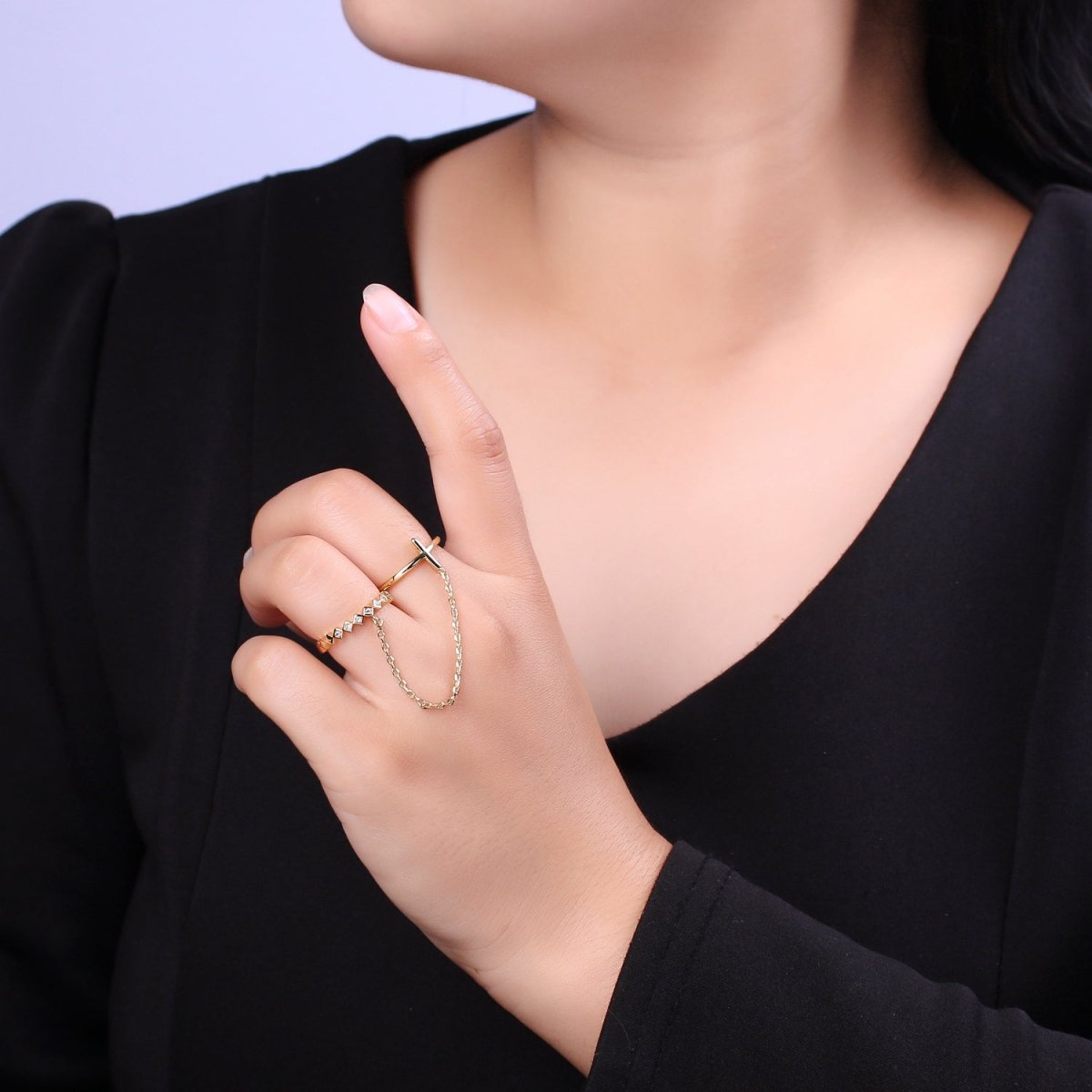 Double ring with chain, Adjustable ring, Stacking ring, Gold chain ring, Fashion ring, Minimalist Jewelry U-191 - DLUXCA