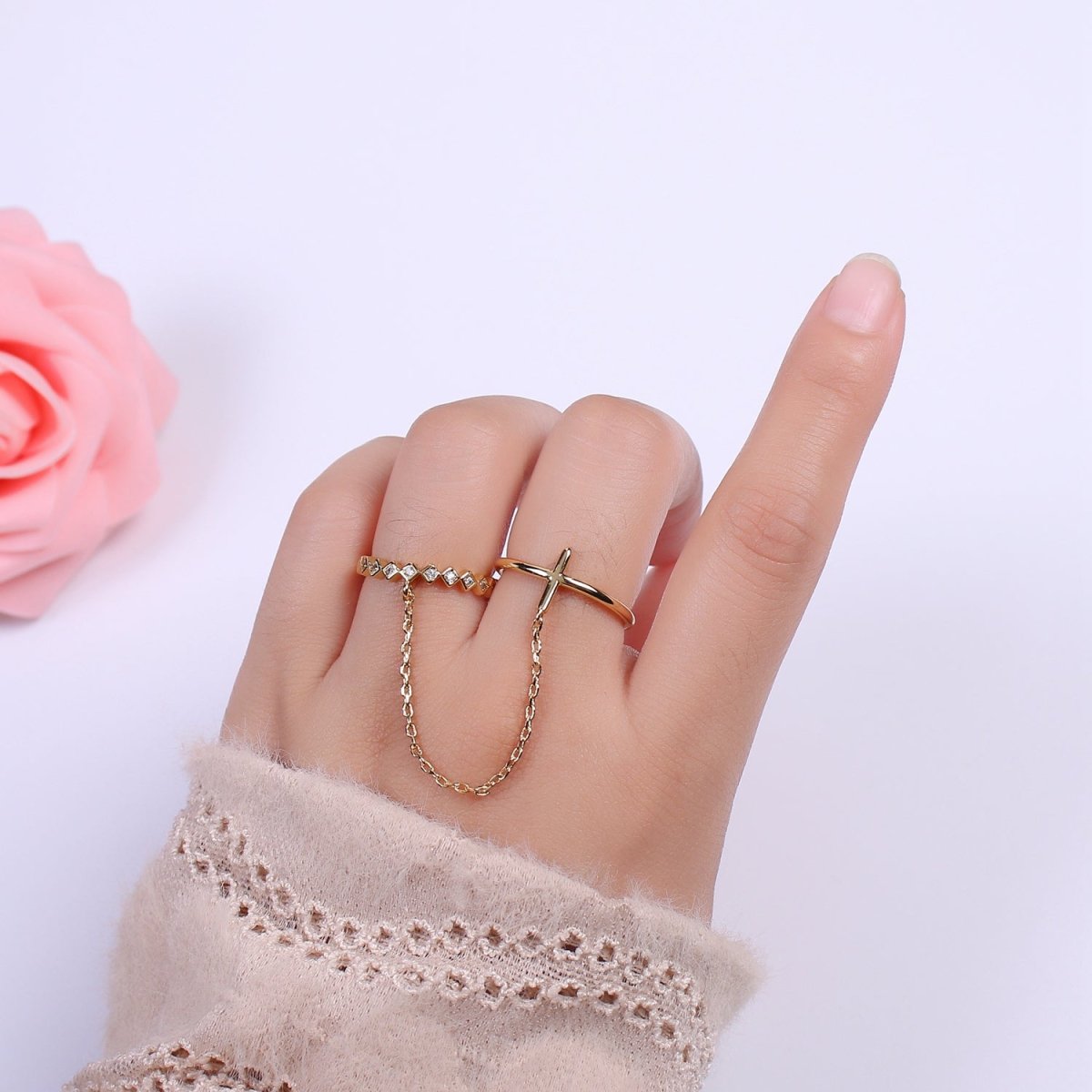 Double ring with chain, Adjustable ring, Stacking ring, Gold chain ring, Fashion ring, Minimalist Jewelry U-191 - DLUXCA