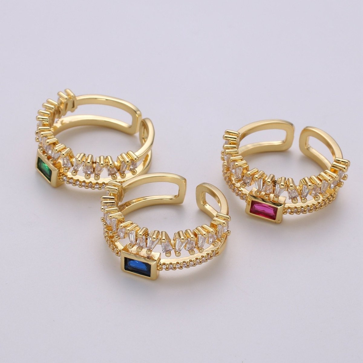 Double Stack gemstone ring- cocktail gemstone ring - topaz ring - Dainty Gold Open ring - Adjustable Gold band ring blue Pink Green Cz Ring R-155 to R-157 - DLUXCA