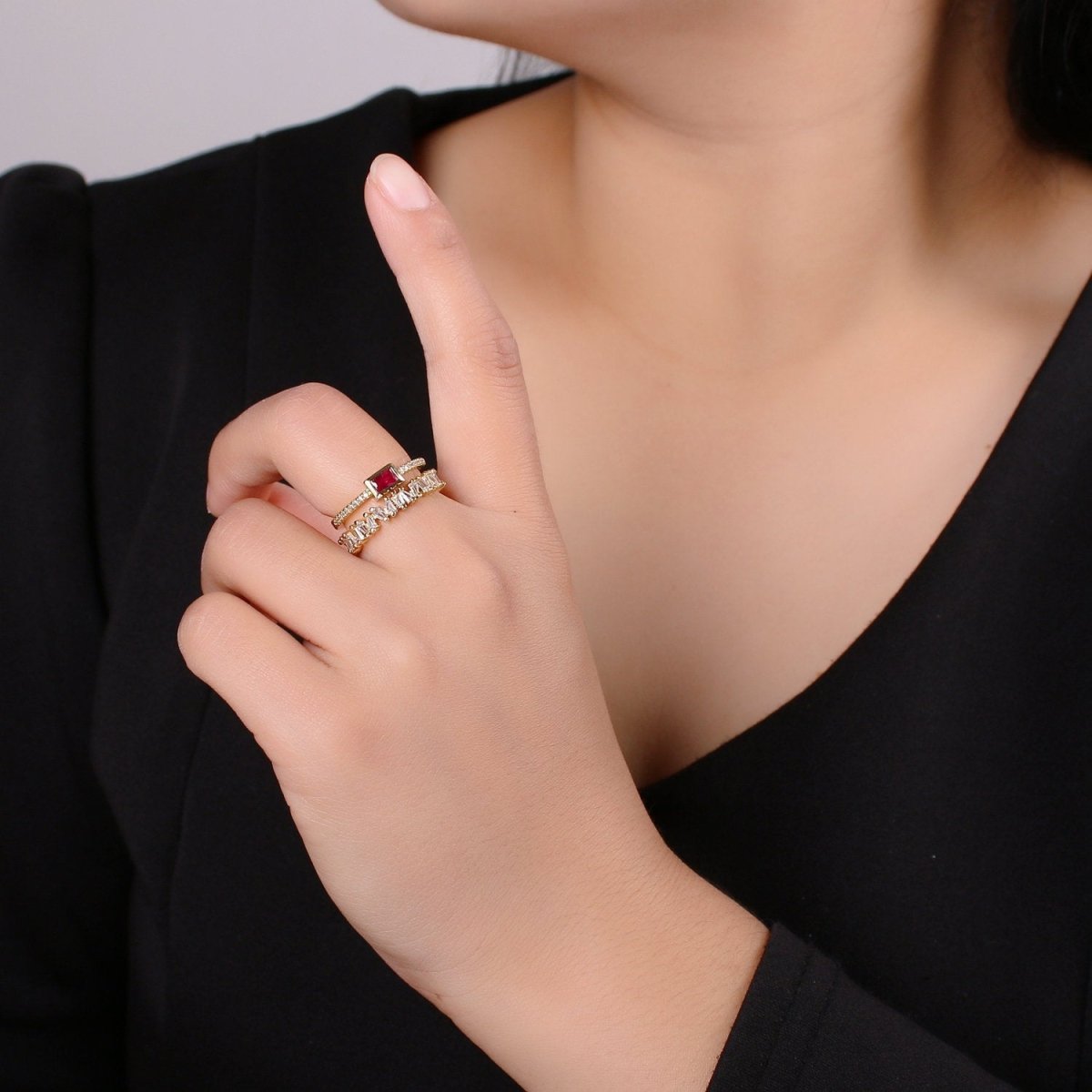 Double Stack gemstone ring- cocktail gemstone ring - topaz ring - Dainty Gold Open ring - Adjustable Gold band ring blue Pink Green Cz Ring R-155 to R-157 - DLUXCA