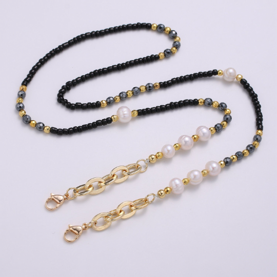 Face Mask Chain Gold Necklace, Face Mask Holder, Rondell Beaded Chain ONLY, Pearl Face Mask Chain, Handmade Cable Face Mask Chain - DLUXCA