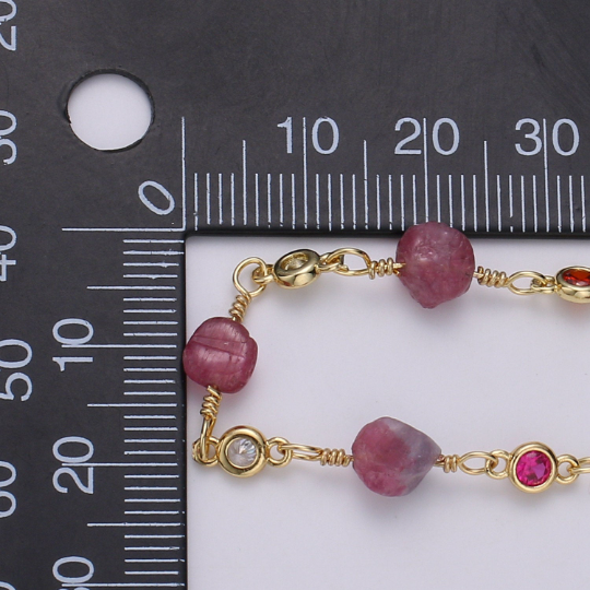 24K Gold Filled Chain by Yard, Rhodonite Micro Pave, Cubic Round Charm Chain, Multicolor Rhondonite, Chain-328 - DLUXCA