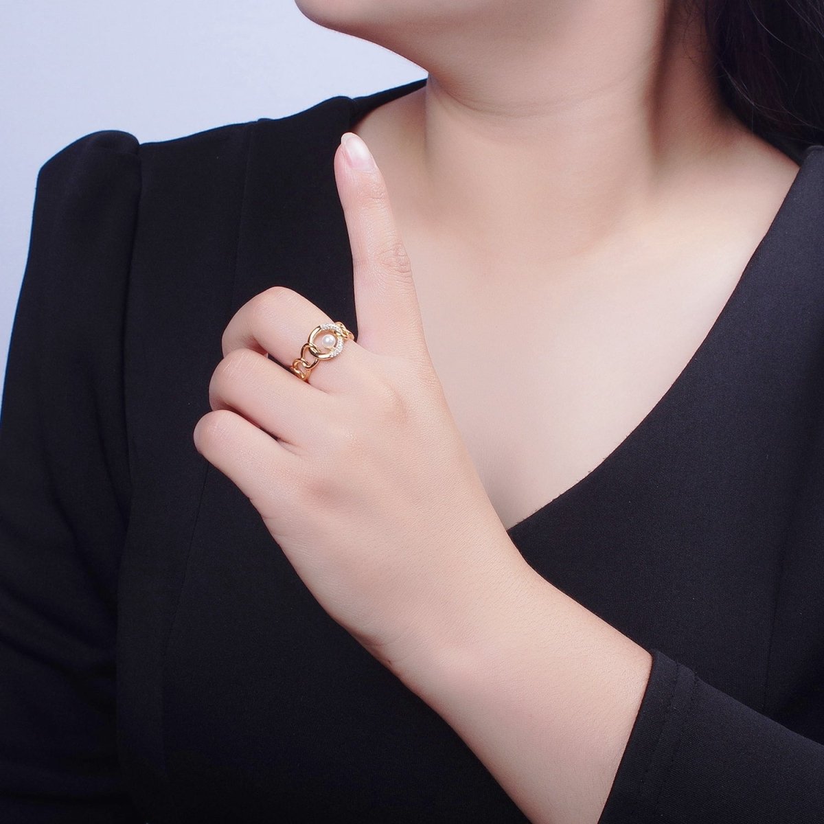 Elegant Dainty Pearl Gold Bold Chain Micro pave Cubic Zirconia Stone Adjustable Promise Ring - X611 - DLUXCA