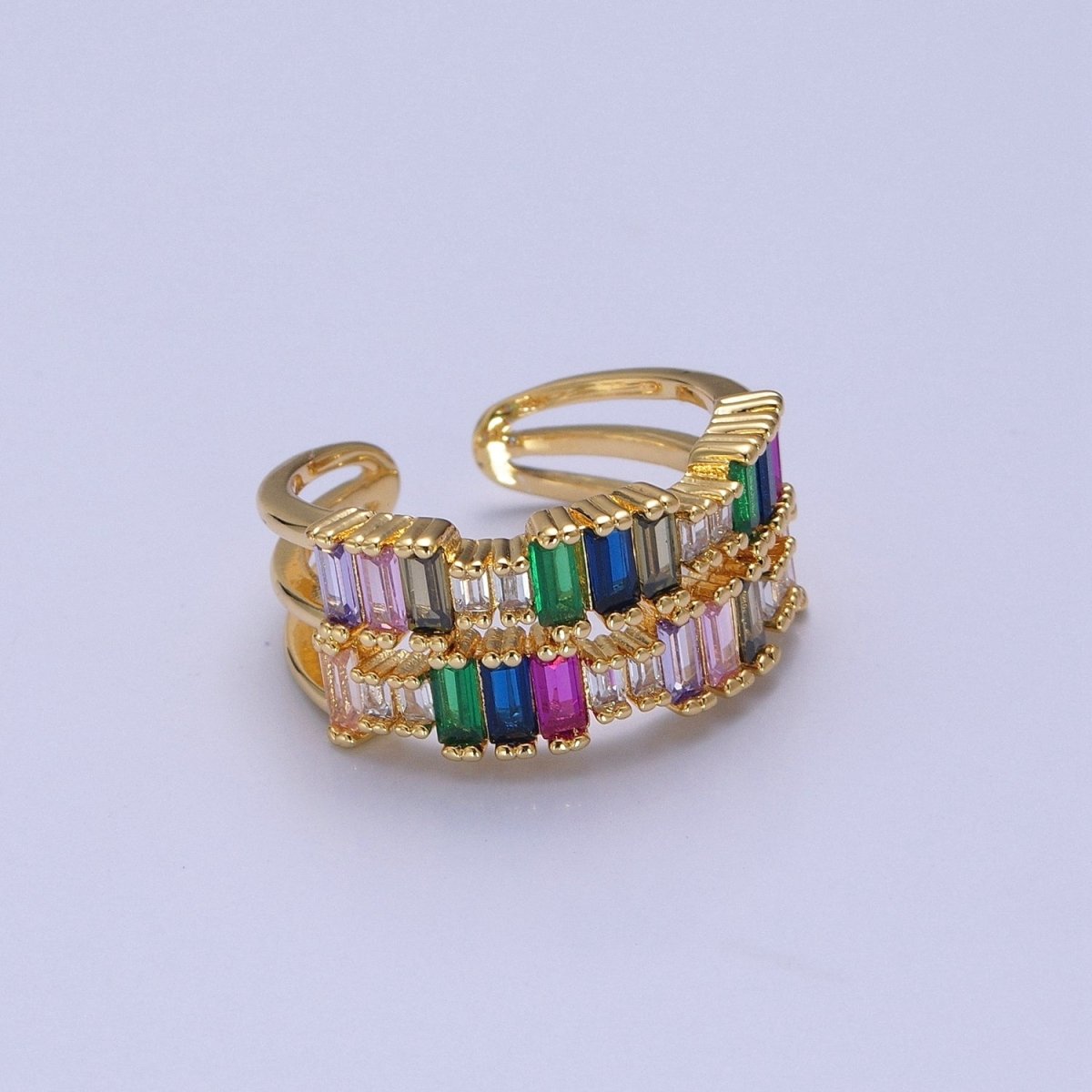 Elegant Double CZ Baguette Colorful Stone Gold Ring | Double Gold Band Ring Open Adjustable O-2130 - DLUXCA