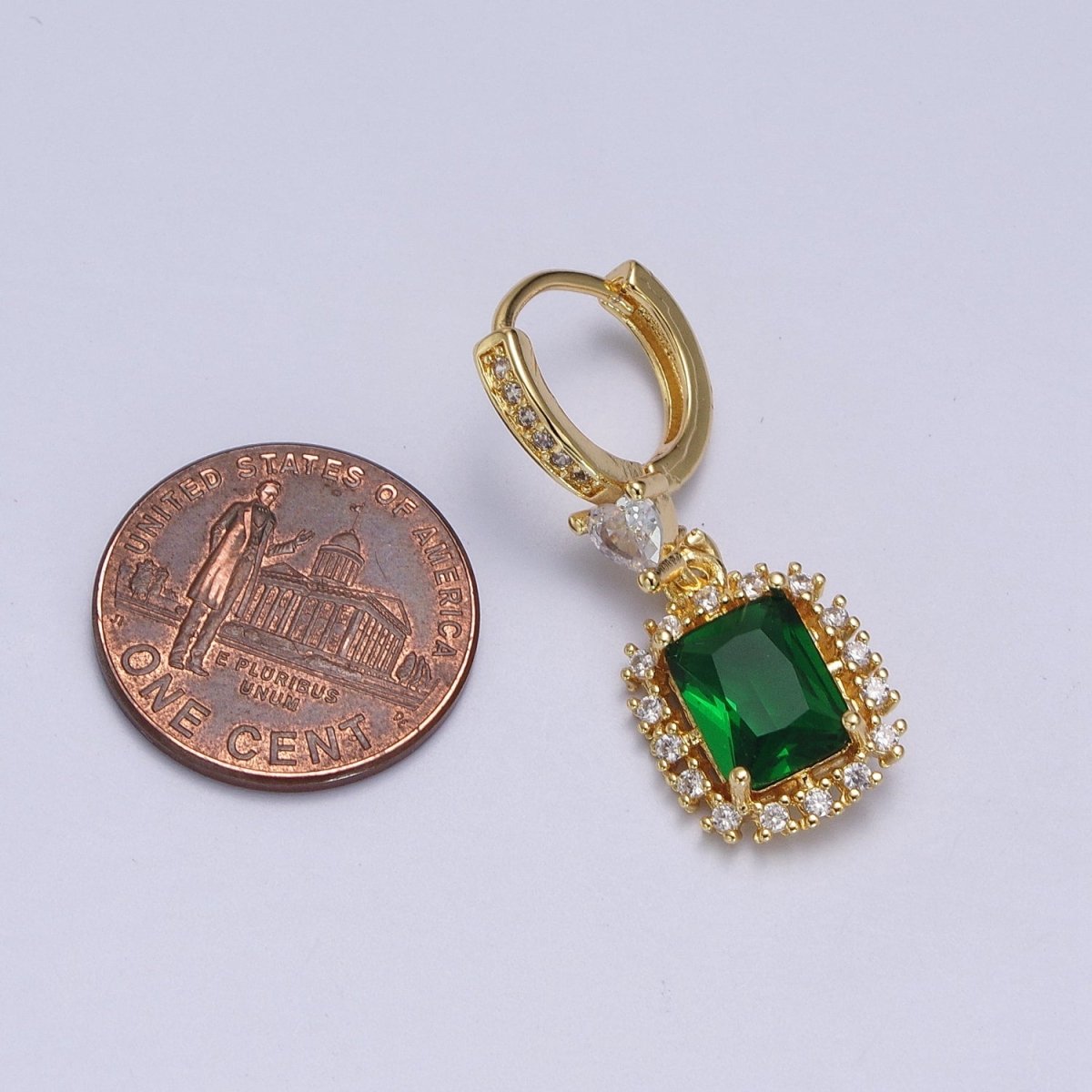 Emerald Green Baguette Dangle Drop Clear Heart Micro Paved CZ Gold Huggie Earrings | AB009 - DLUXCA