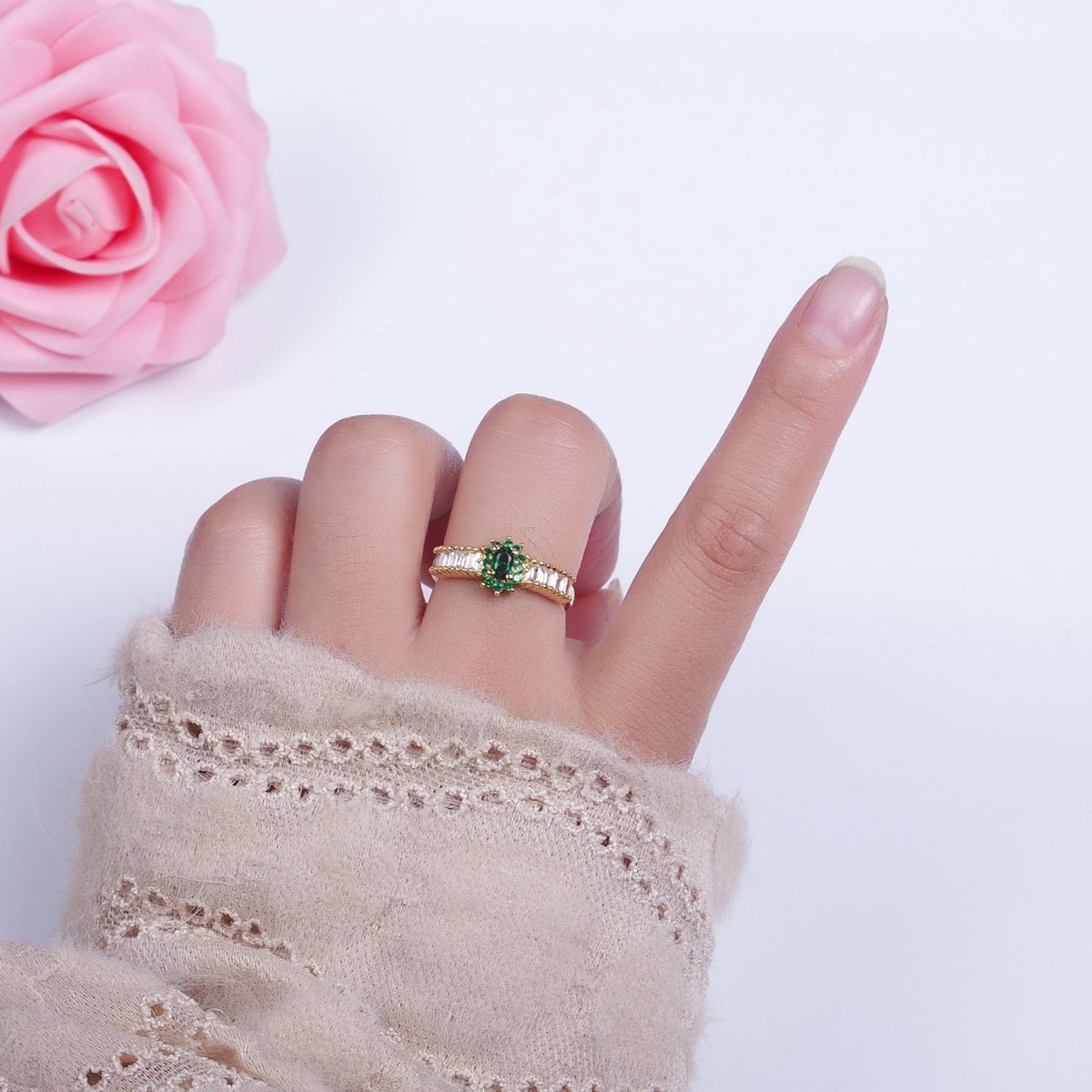 Emerald Green Celestial Sun Flower Clear Baguette Cubic Zirconia Band Ring | X-561 - DLUXCA