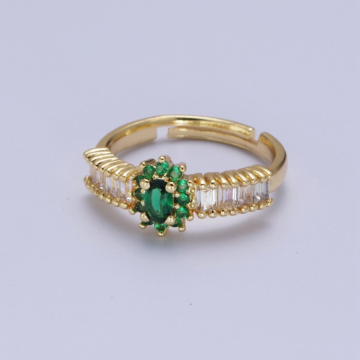 Emerald Green Celestial Sun Flower Clear Baguette Cubic Zirconia Band Ring | X-561 - DLUXCA
