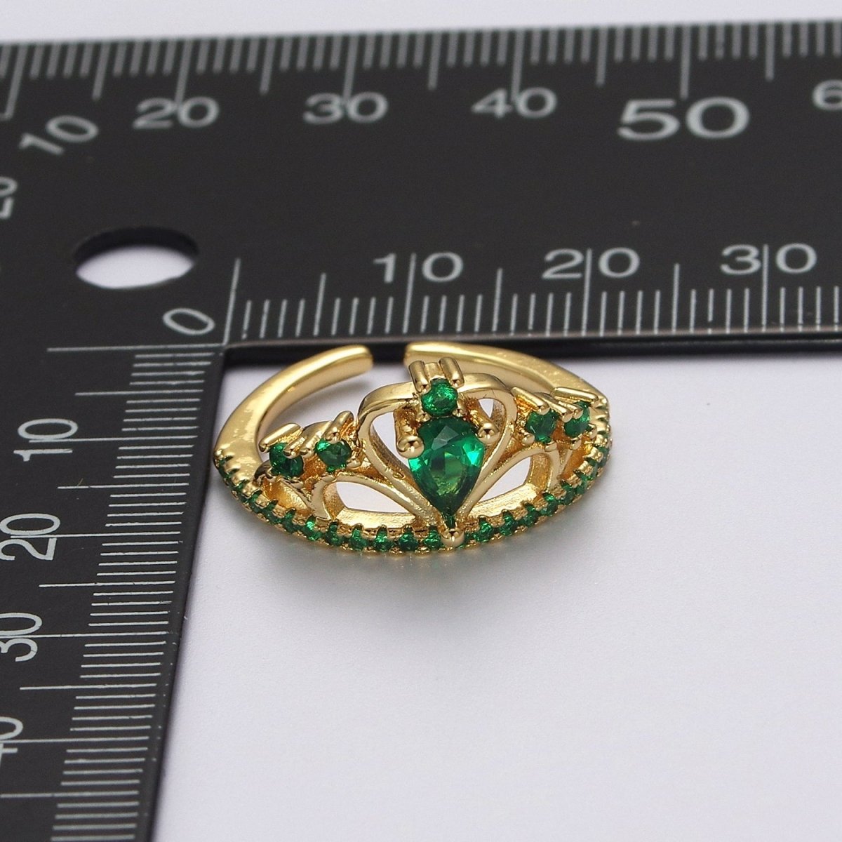 Emerald Green Cz Stone Heart Tiara Ring Open Adjustable Gold Band O-2038 - DLUXCA