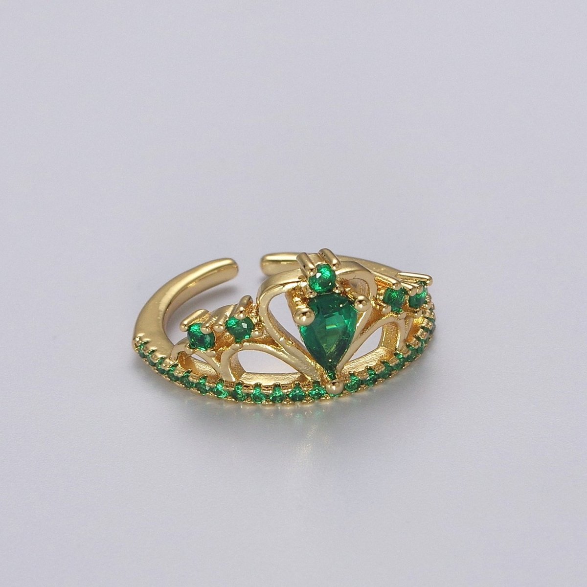 Emerald Green Cz Stone Heart Tiara Ring Open Adjustable Gold Band O-2038 - DLUXCA