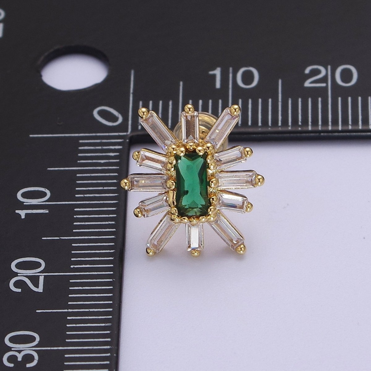 Emerald Green Cz Stud Earring Star Burst Clear Baguette Stud V-098 - DLUXCA