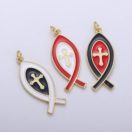 Enamel Chritianity Symbol Fish Charm, Gold Ichthus Fish Pendant, Christians Cross Symbol Jewelry Making Supply for Necklace, E-104 - E-106 - DLUXCA