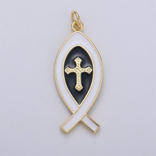 Enamel Chritianity Symbol Fish Charm, Gold Ichthus Fish Pendant, Christians Cross Symbol Jewelry Making Supply for Necklace, E-104 - E-106 - DLUXCA