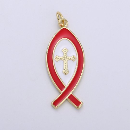 Enamel Chritianity Symbol Fish Charm, Gold Ichthus Fish Pendant, Christians Cross Symbol Jewelry Making Supply for Necklace, E-104 - E-106 - DLUXCA