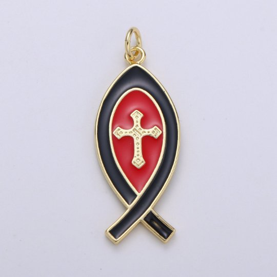 Enamel Chritianity Symbol Fish Charm, Gold Ichthus Fish Pendant, Christians Cross Symbol Jewelry Making Supply for Necklace, E-104 - E-106 - DLUXCA