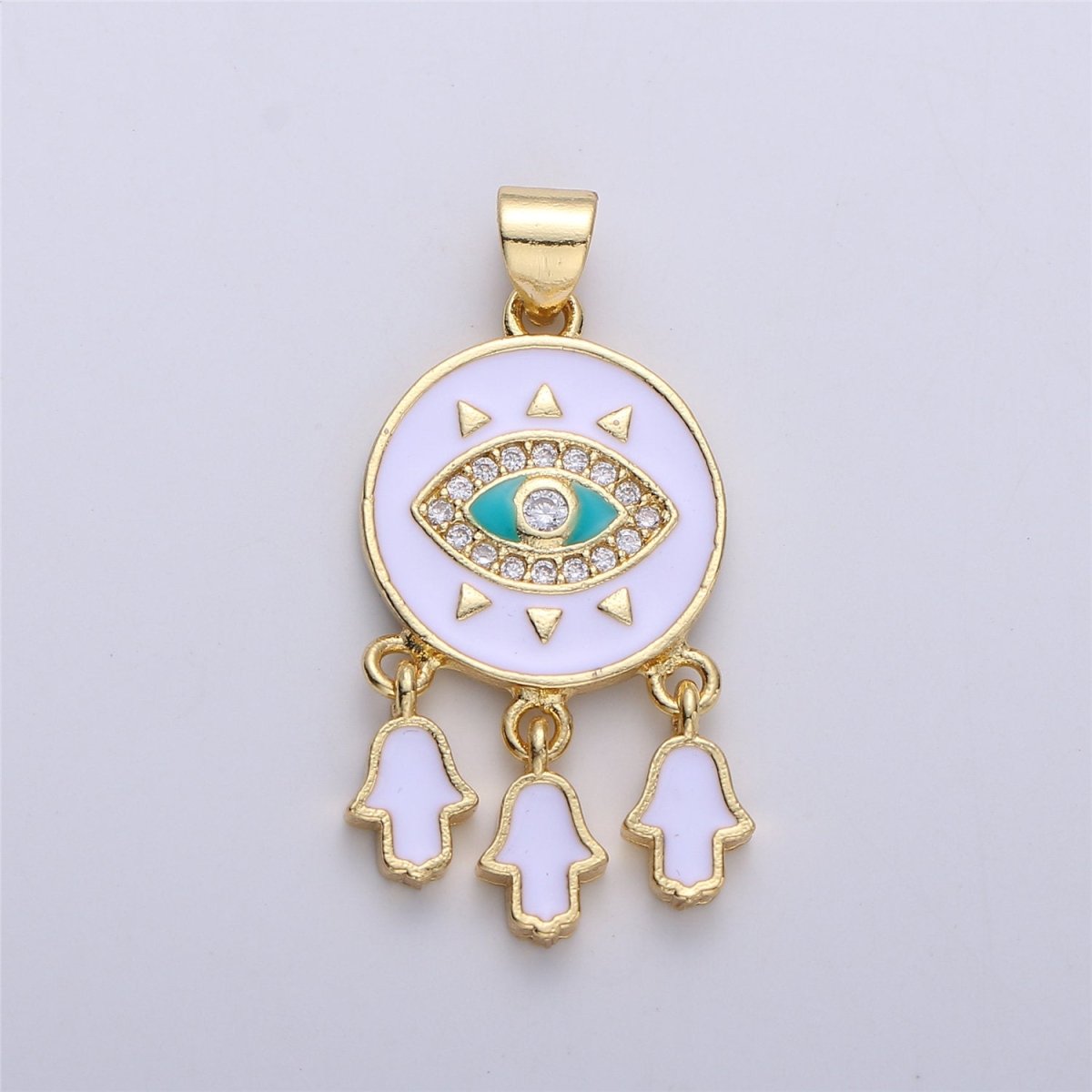 Enamel Coin Pendant Evil eye charm, Black White Red Enamel Pendant, Enamel Evil Eye with Hamsa Hand Charm protection eye jewelery, 31x16mm I-173 - DLUXCA