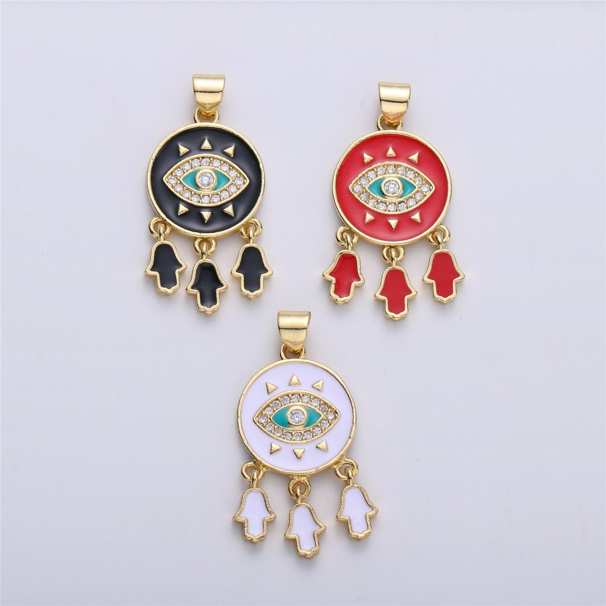 Enamel Coin Pendant Evil eye charm, Black White Red Enamel Pendant, Enamel Evil Eye with Hamsa Hand Charm protection eye jewelery, 31x16mm I-173 - DLUXCA