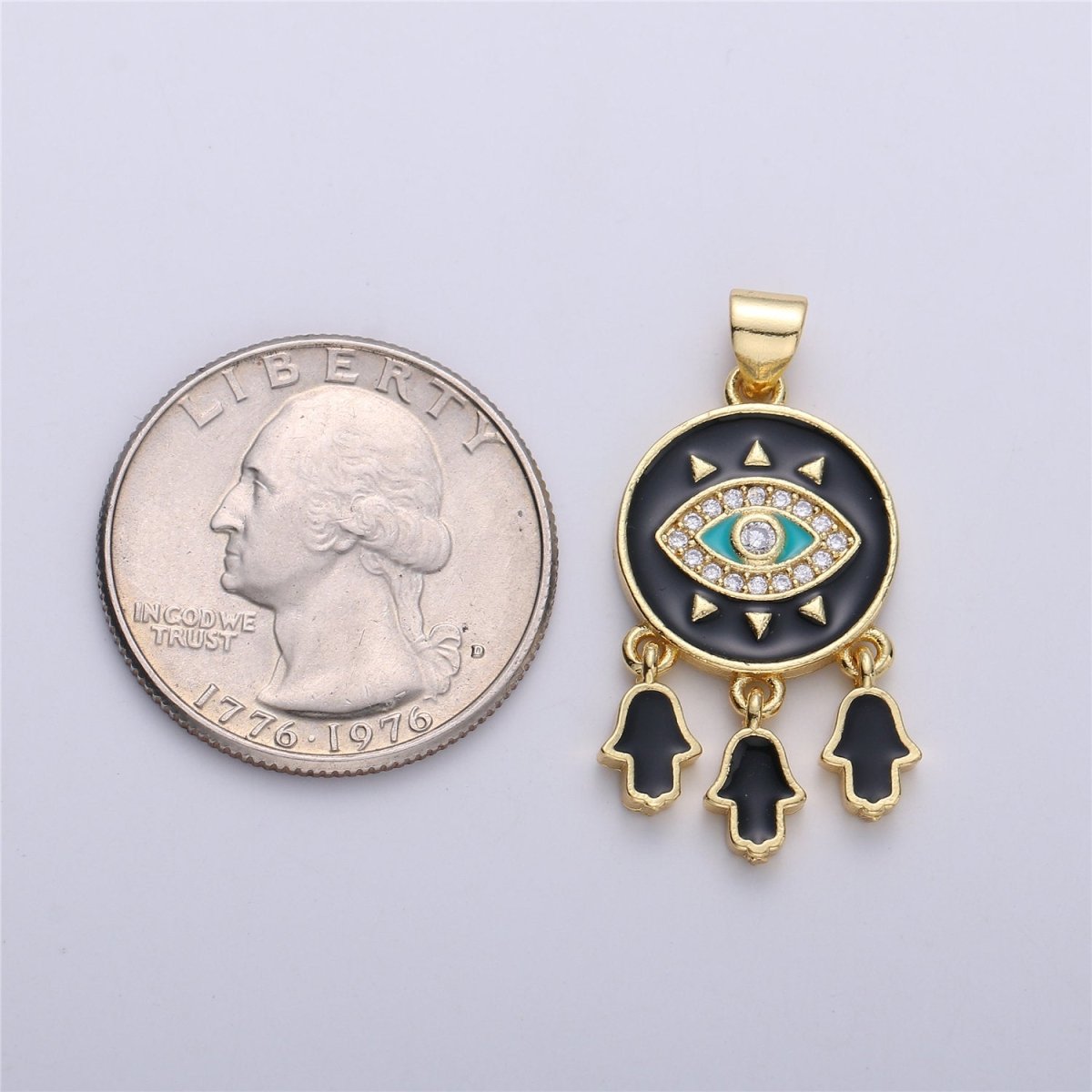 Enamel Coin Pendant Evil eye charm, Black White Red Enamel Pendant, Enamel Evil Eye with Hamsa Hand Charm protection eye jewelery, 31x16mm I-173 - DLUXCA