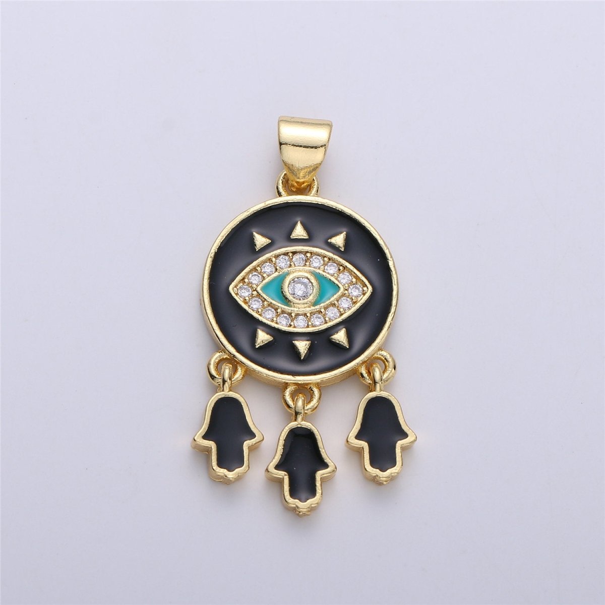 Enamel Coin Pendant Evil eye charm, Black White Red Enamel Pendant, Enamel Evil Eye with Hamsa Hand Charm protection eye jewelery, 31x16mm I-173 - DLUXCA