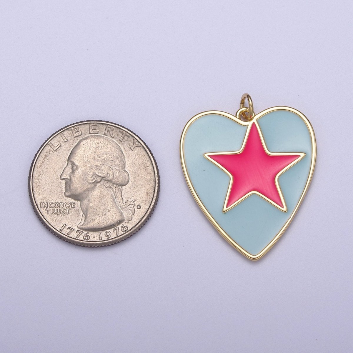 Enamel Colorful Five Point Star On Heart Shape Pendant, 14K Gold Filled Blue Enamel Charm N-300 - DLUXCA