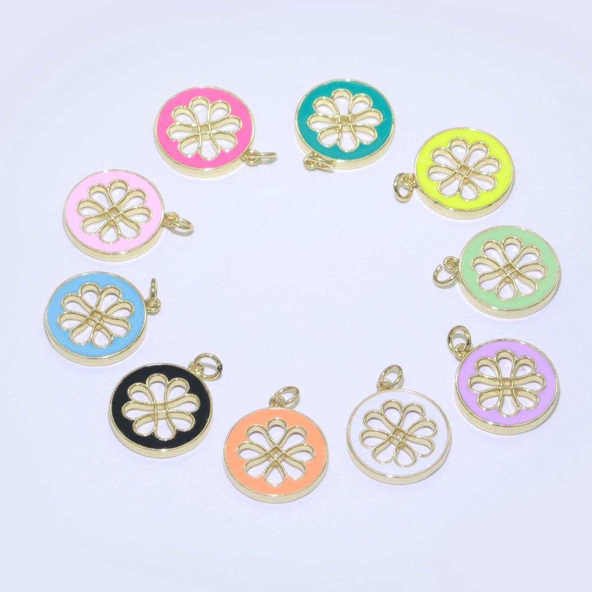 Enamel Daisy Charm 24k Gold Filled Hollow Round Charm Gold Floral Charms, Dainty Flower Pink, Teal, White, Yellow Green Pendant M-393 - M-402 - DLUXCA